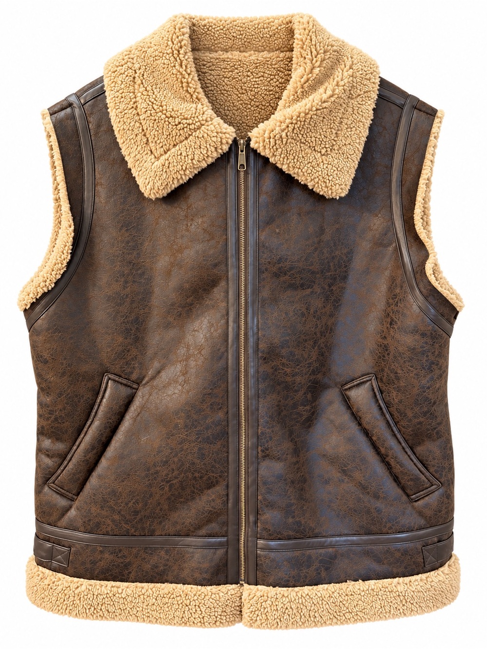 Women’s Brown Faux-Leather Sherpa Vest with Tan Lining